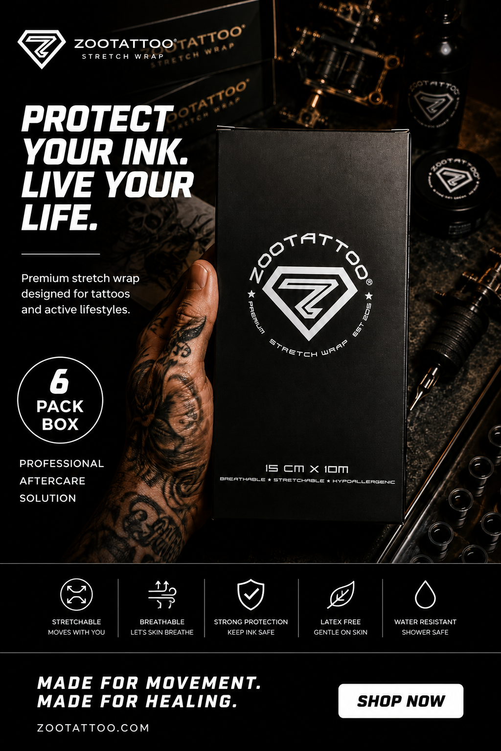 ZOOTATTOO Premium Stretch Wrap -15cm x 10m (Sample Box of 6)