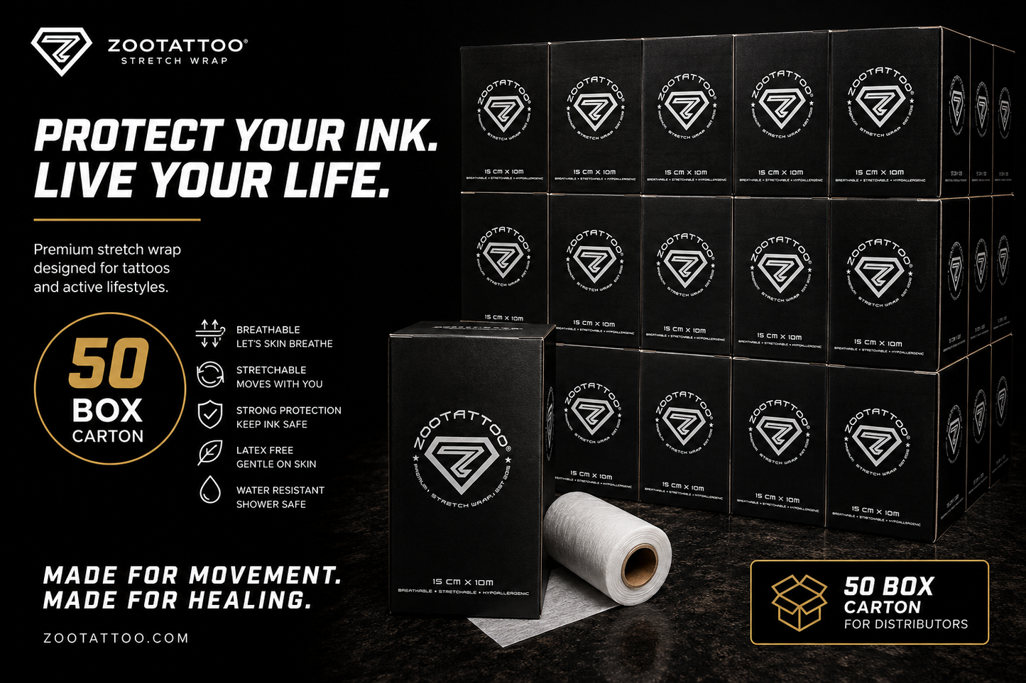 ZOOTATTOO Premium Stretch Wrap -15cm x 10m (Box of 50) Enquiry Only
